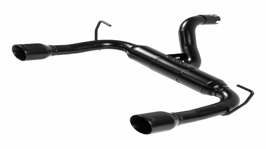 Black Flowmaster Exhaust system with curved pipes and oval tips, featuring mounting brackets for motorcycle or vehicle installation