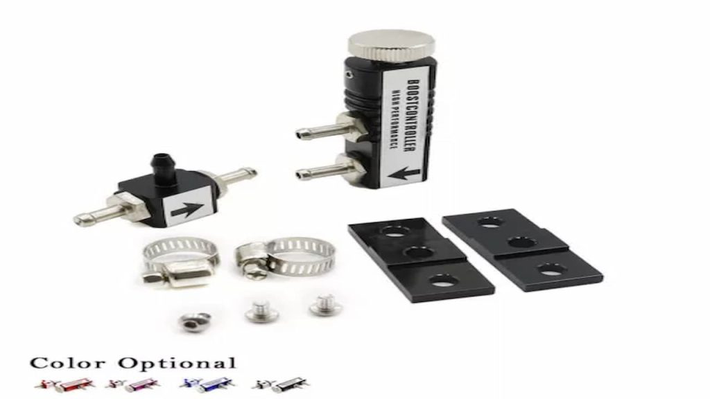 Adjustable boost controller spacer washer with black electronic units, hose clamps, mounting brackets, and color options shown at bottom