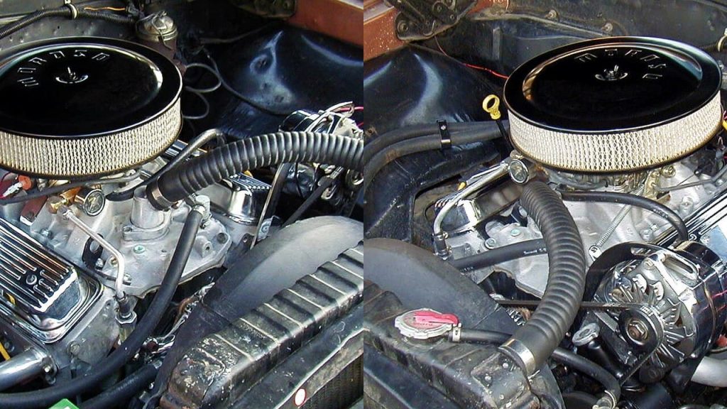 Classic Small Block Chevy 350 engine bay showing twin chrome air cleaners, V8 engine block, various hoses, wiring, and automotive components in detailed view